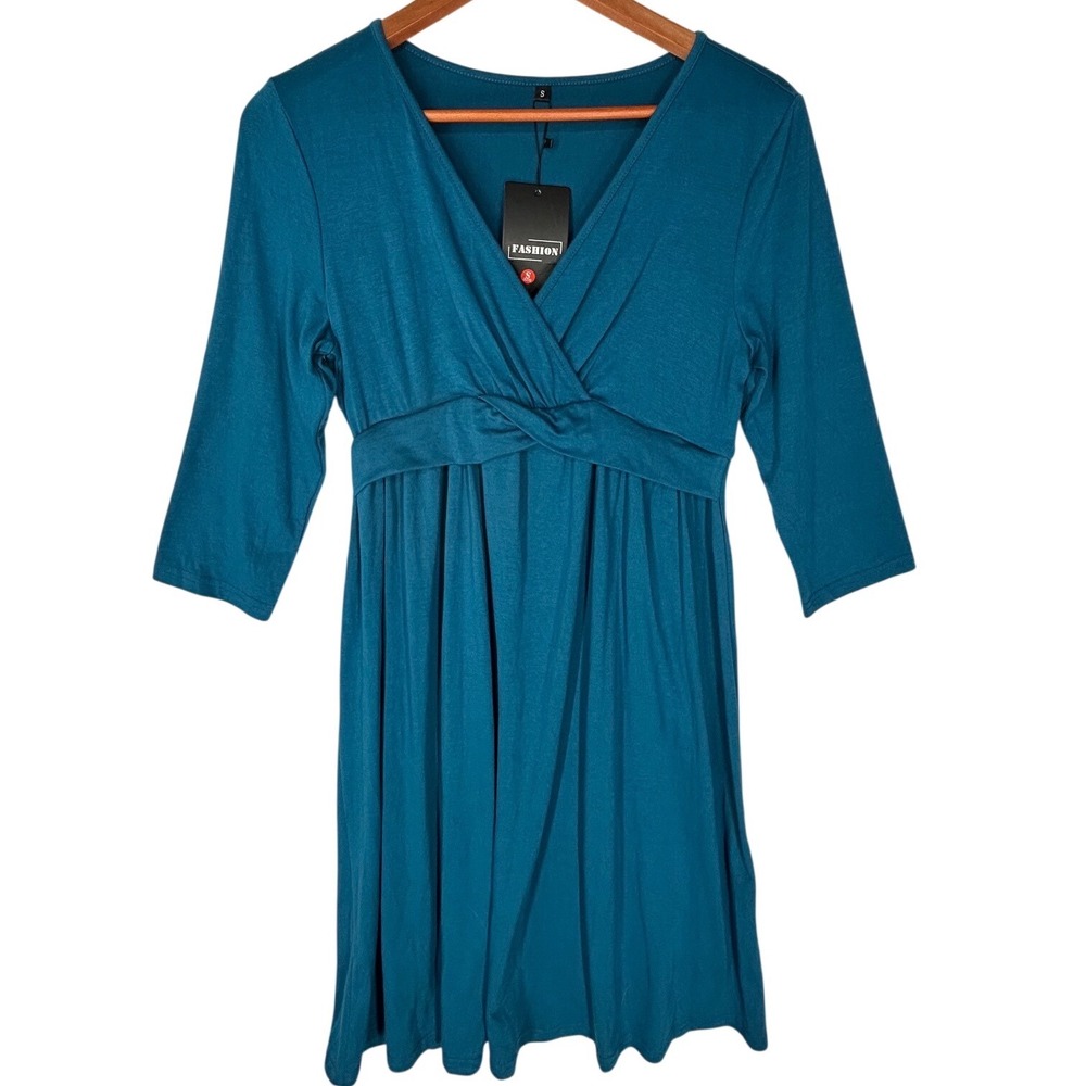 Kohl's Blue Stretchy V-Neck Dress 3/4 Sleeve Elastic Waist Womens Size Small NWT